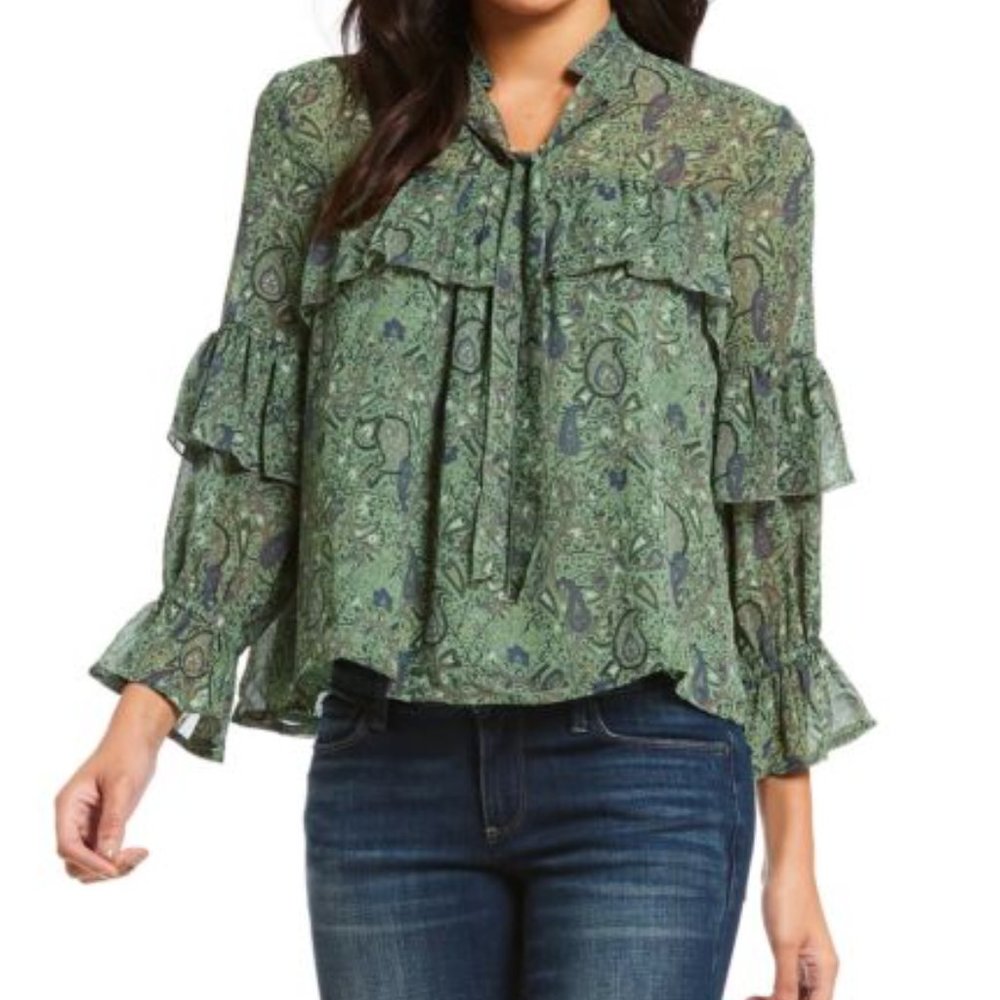 Lucky Brand Womens Peasant Tie Ruffle Sleeve Keyhole Blouse Green Paisley M - Picture 1 of 9